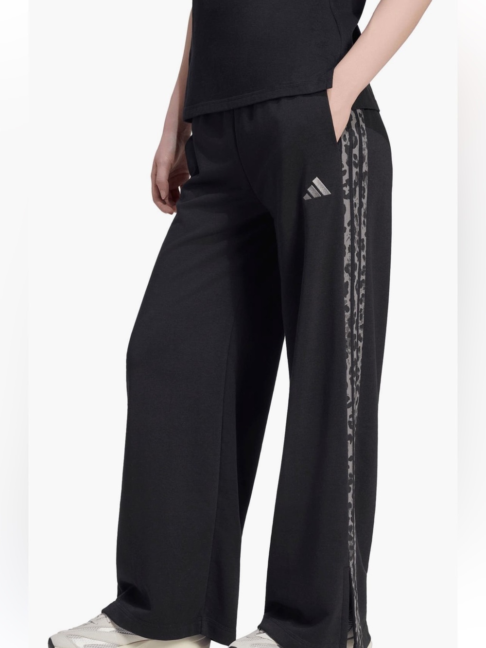adidas Black Wide-Leg Track Pants with Gray Leopard Side Stripe